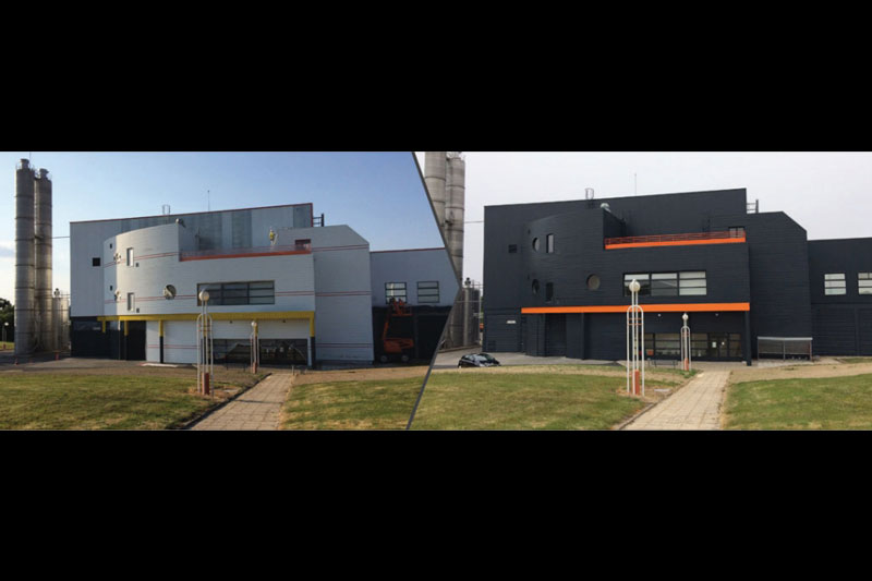 En före och efter-bild på ett hus med plåtfasad